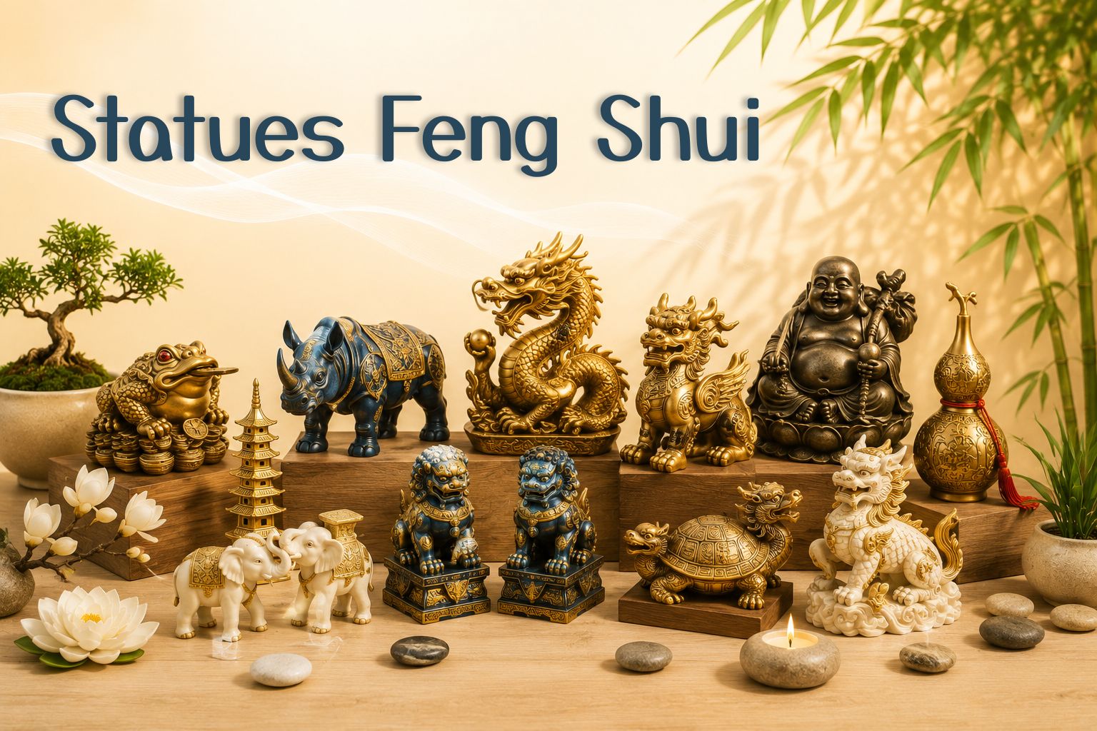 Statues Feng Shui représentant dragon, Pi Yao, rhinocéros bleu, Bouddha, tortue, Chi Lin, grenouille de la fortune et pagode