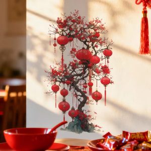 Sticker Arbre de la Prospérité Feng Shui avec lanternes rouges porte-bonheur