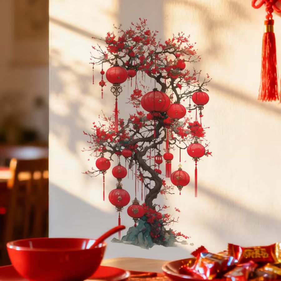 Sticker Arbre de la Prospérité Feng Shui avec lanternes rouges porte-bonheur