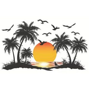 Sticker Horizon de Sérénité avec lever de soleil, palmiers et oiseaux