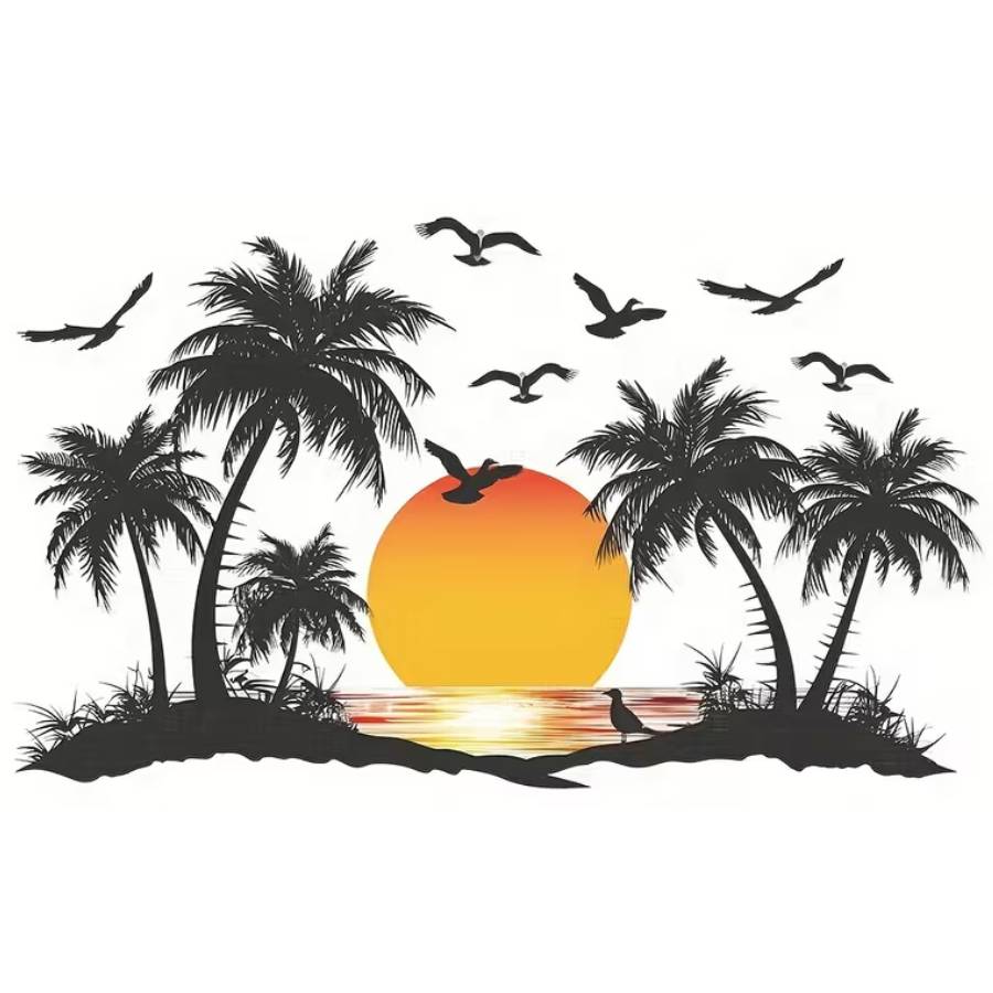 Sticker Horizon de Sérénité avec lever de soleil, palmiers et oiseaux