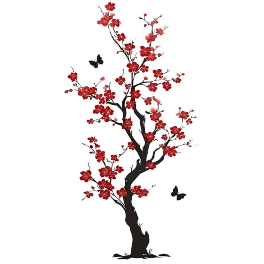 Sticker Prunier du Renouveau Feng Shui avec fleurs de prunier rouges et papillons