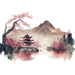 Sticker Vallée de la Sérénité paysage Feng Shui avec pagode, montagne et lac