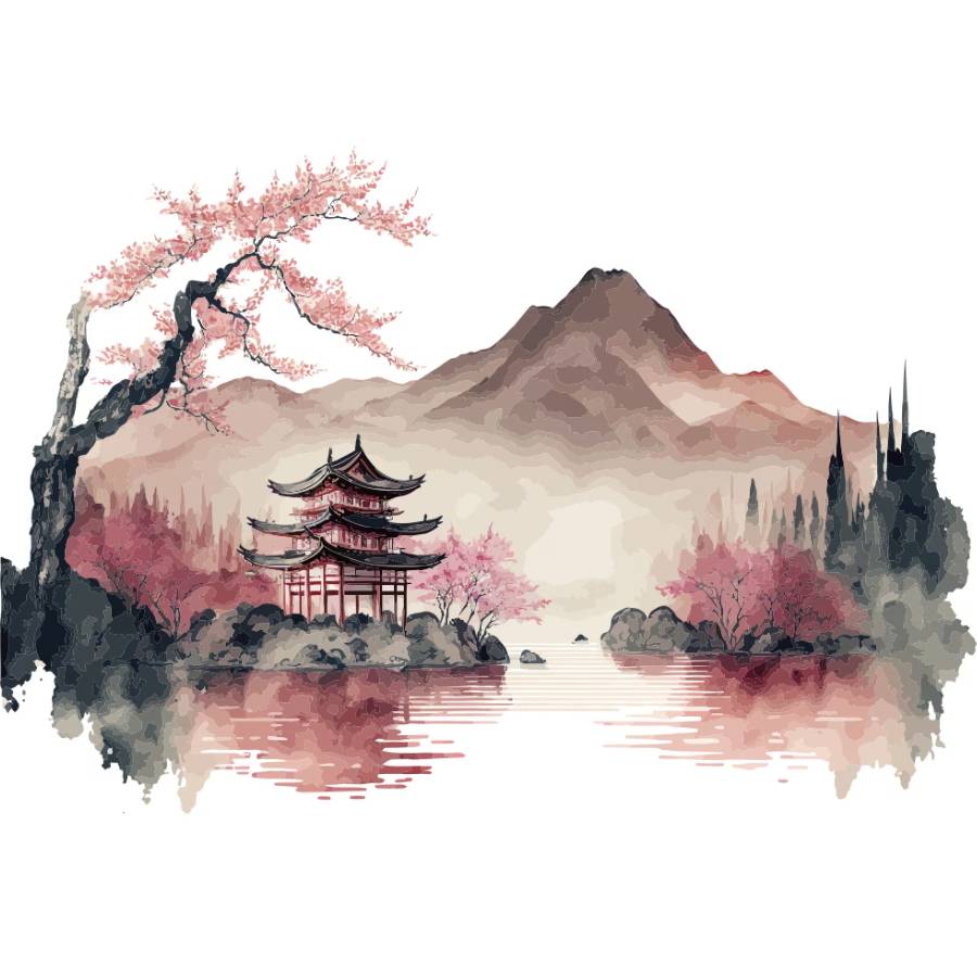 Sticker Vallée de la Sérénité paysage Feng Shui avec pagode, montagne et lac