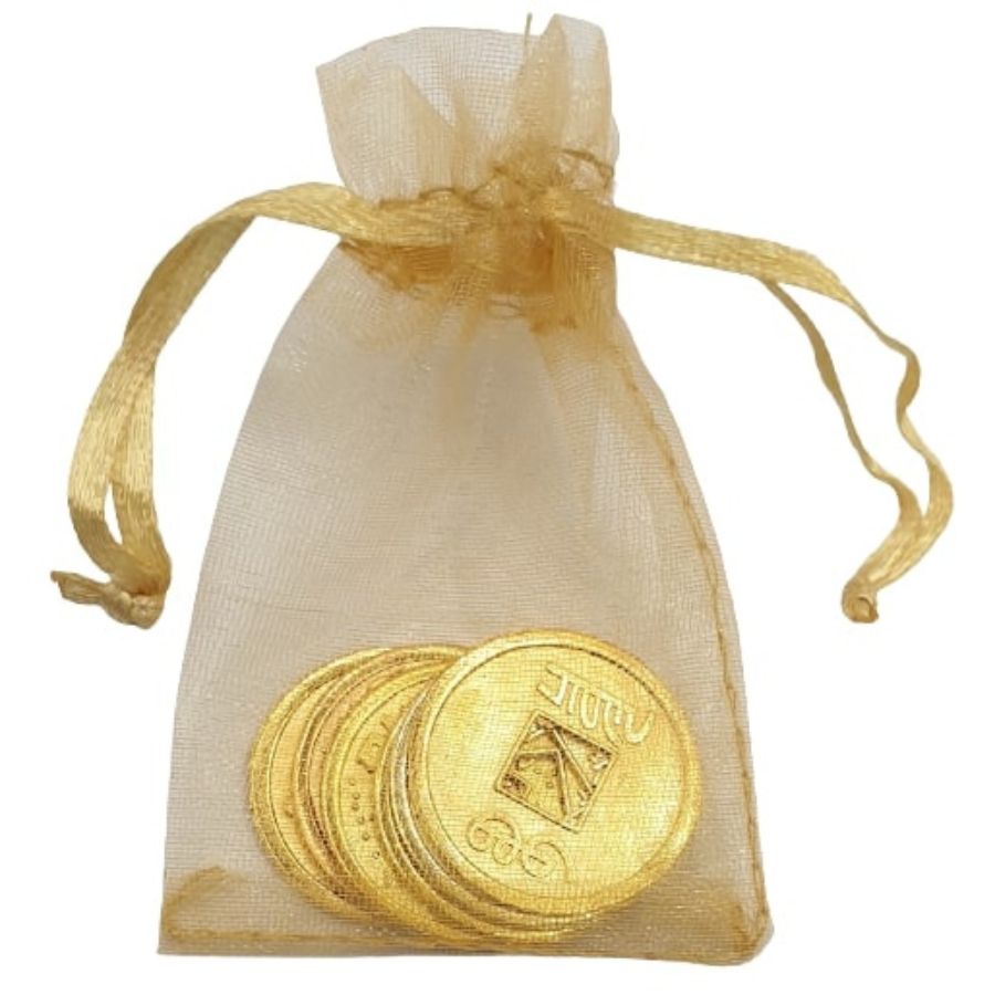 6 Pièces de Monnaie Or Plaqué 25mm Feng Shui dans sachet organza