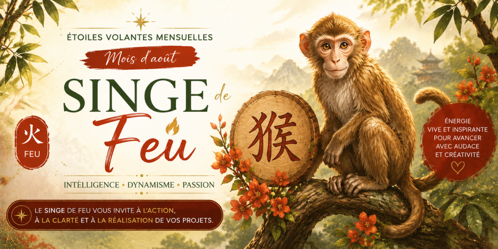 Singe de Feu du mois d'août 2026 illustrant les énergies des étoiles volantes mensuelles Feng Shui