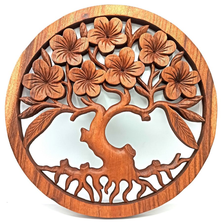 Panneau Arbre de Vie en fleurs sculpté artisanalement dans du bois de suar