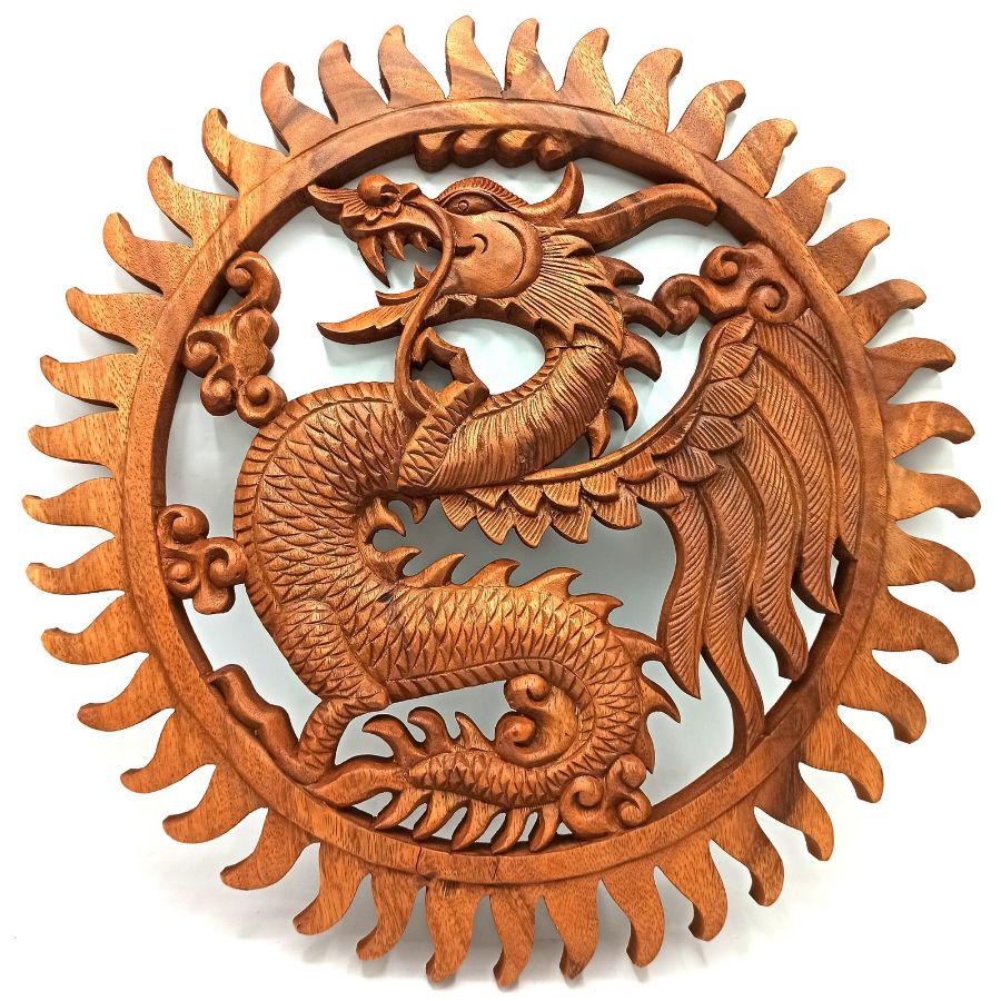 Dragon Sacré Feng Shui avec perle sculpté à la main dans du bois de suar