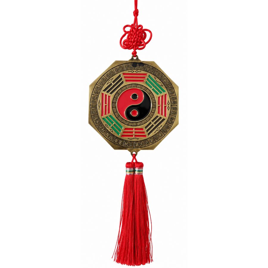 Grande Suspension Miroir Plat Yin Yang Bagua avec pompons rouges
