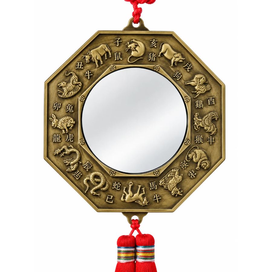 Verso Grande Suspension Miroir Plat Yin Yang Bagua avec animaux du zodiaque chinois