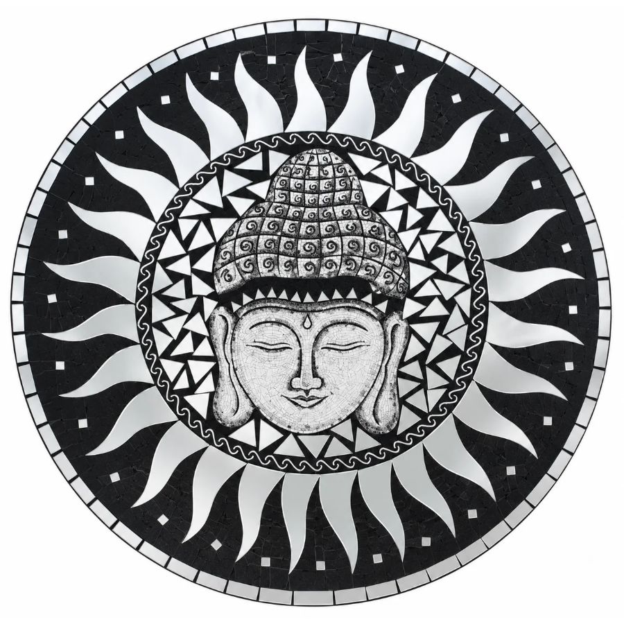 Miroir Mosaïque Bouddha argenté 60cm Feng Shui