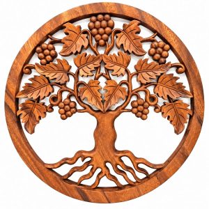 Panneau Décoratif Arbre de Vie aux Raisins 40cm sculpté en bois de suar