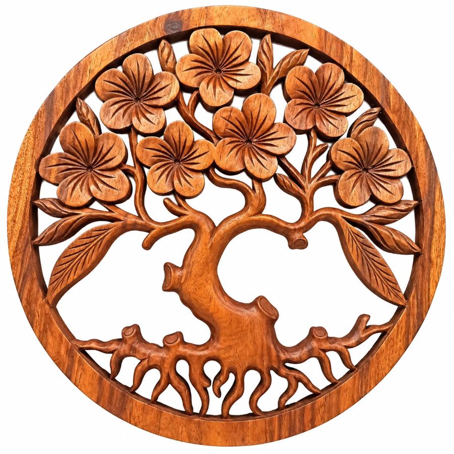 Panneau Décoratif Sculpté Arbre de Vie Sacré 40cm en bois de suar