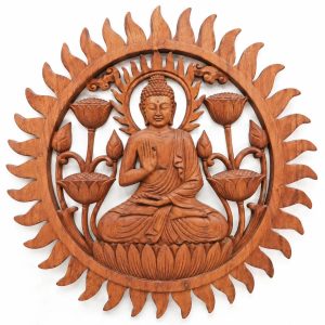Panneau Décoratif Sculpté Bouddha au Lotus 40cm en bois de suar