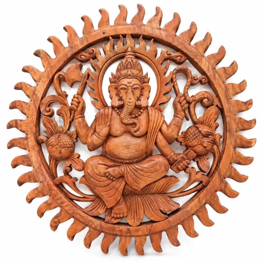 Panneau Décoratif Sculpté Ganesh 40cm en bois de suar naturel