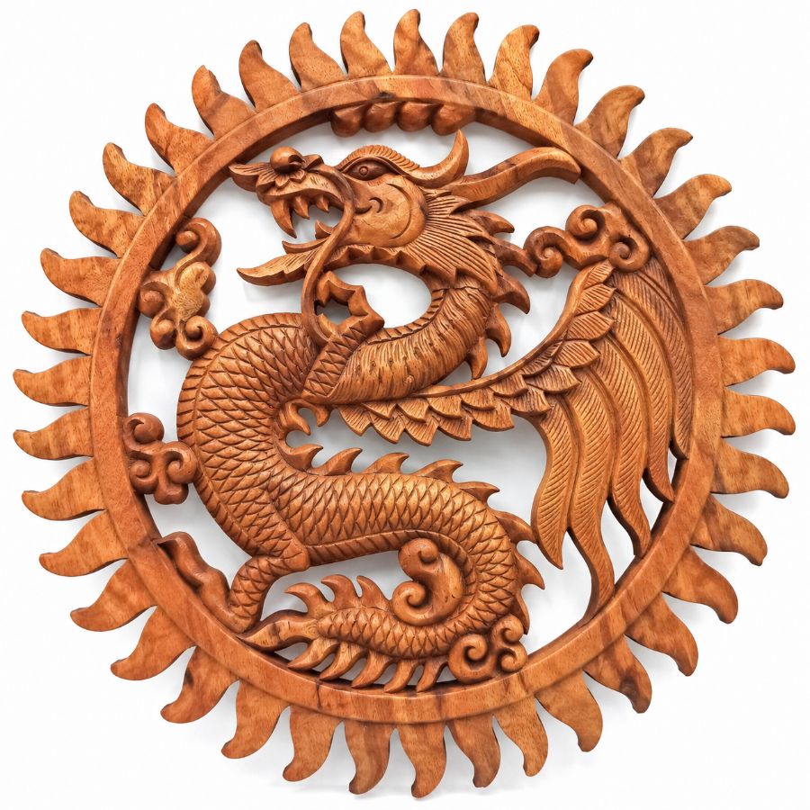 Panneau Décoratif Sculpté Dragon Sacré 40cm Feng Shui en bois de suar