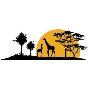 Plaque Déco Girafes au Levant Feng Shui avec deux girafes, arbres et soleil doré