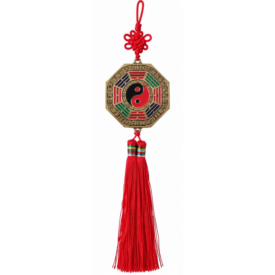 Suspension Miroir Plat Bagua Zodiaque avec pompons rouges