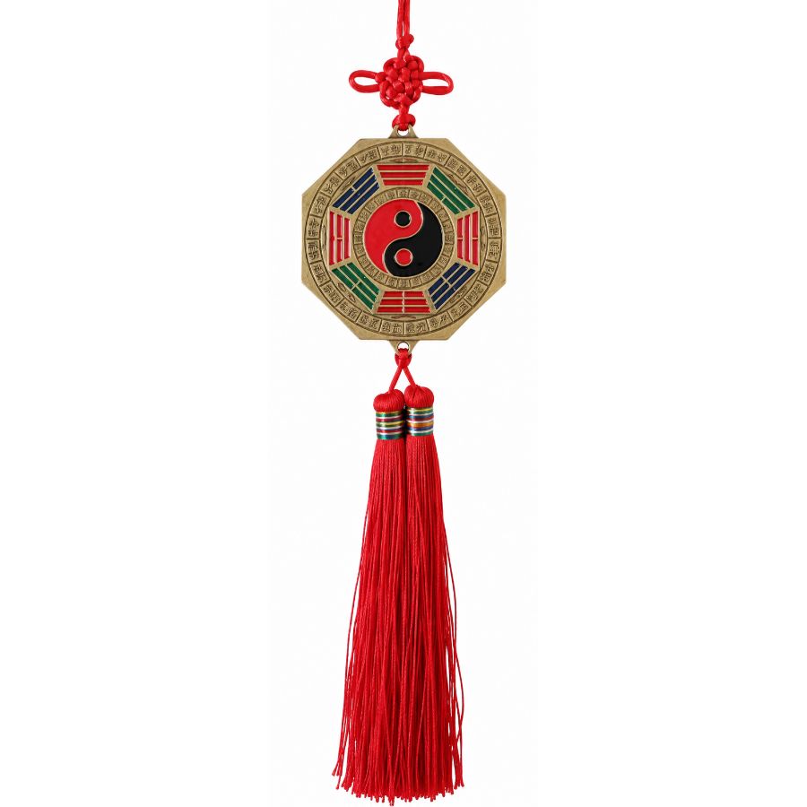 Suspension Miroir Plat Yin Yang Bagua avec pompons rouges