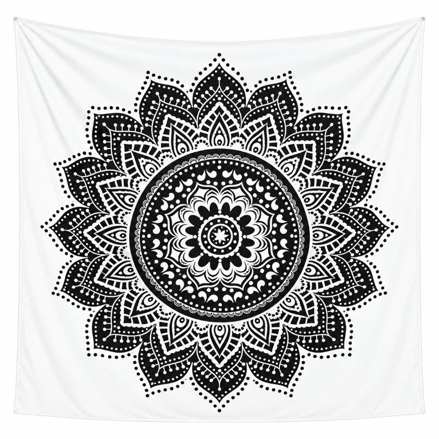 Tenture blanche avec un grand mandala noir complet au centre