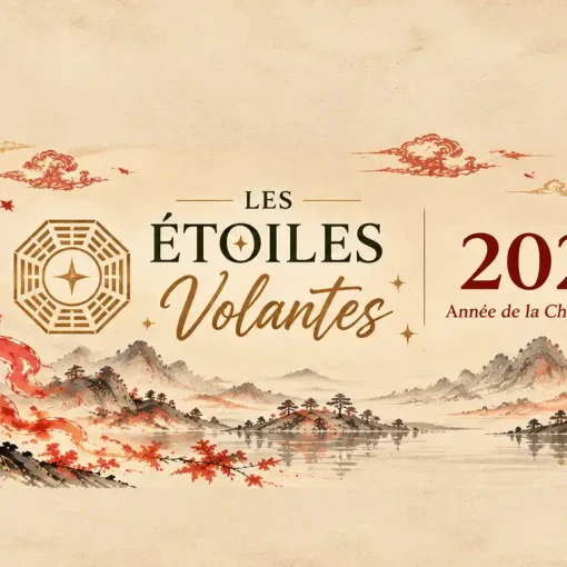 Bannière des Étoiles Volantes Feng Shui 2027 illustrant la Chèvre de Feu dans un paysage asiatique traditionnel.