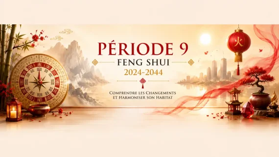 Bannière illustrant la Période 9 Feng Shui (2024-2044) avec une boussole Luo Pan, une lanterne chinoise et un paysage asiatique symbolisant les nouvelles énergies.