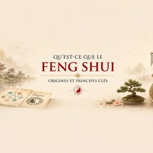llustration représentant les origines et les principes du Feng Shui avec une boussole Luo Pan, des parchemins, une fontaine et un paysage asiatique traditionnel.