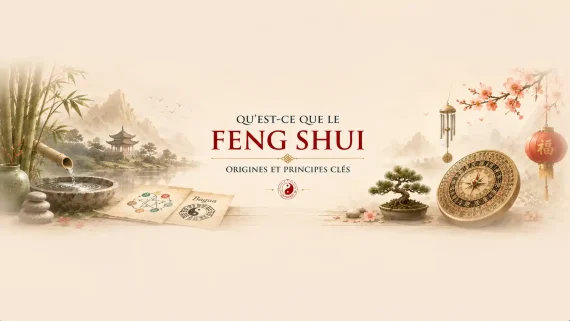 llustration représentant les origines et les principes du Feng Shui avec une boussole Luo Pan, des parchemins, une fontaine et un paysage asiatique traditionnel.