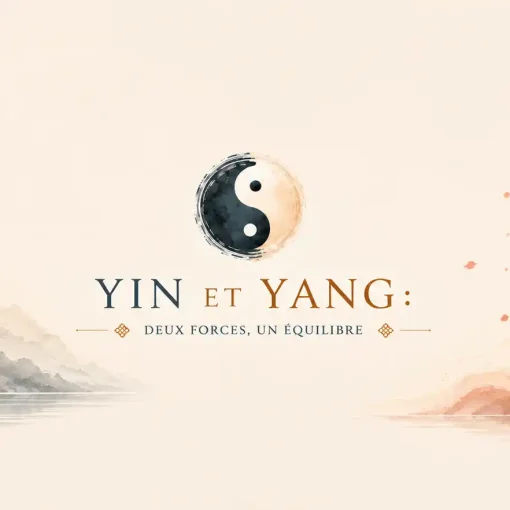 Illustration Yin et Yang Feng Shui représentant l'équilibre entre les deux forces complémentaires dans un paysage asiatique apaisant.