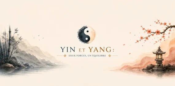 Illustration Yin et Yang Feng Shui représentant l'équilibre entre les deux forces complémentaires dans un paysage asiatique apaisant.
