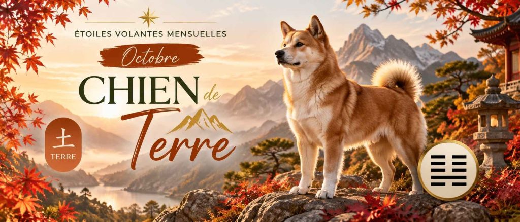 Chien de Terre du mois d’octobre 2026 illustrant les énergies des étoiles volantes mensuelles Feng Shui