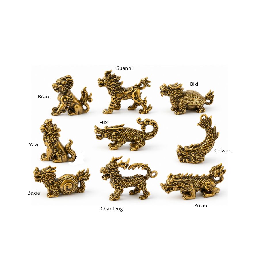 Identification des neuf fils du Dragon chinois avec leurs noms : Bixi, Yazi, Chaofeng, Pulao, Suanni, Baxia, Bi'an, Fuxi et Chiwen.
