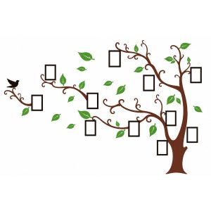 Sticker Arbre à Photos marron avec feuilles vertes, branches, oiseau et cadres photo décoratifs
