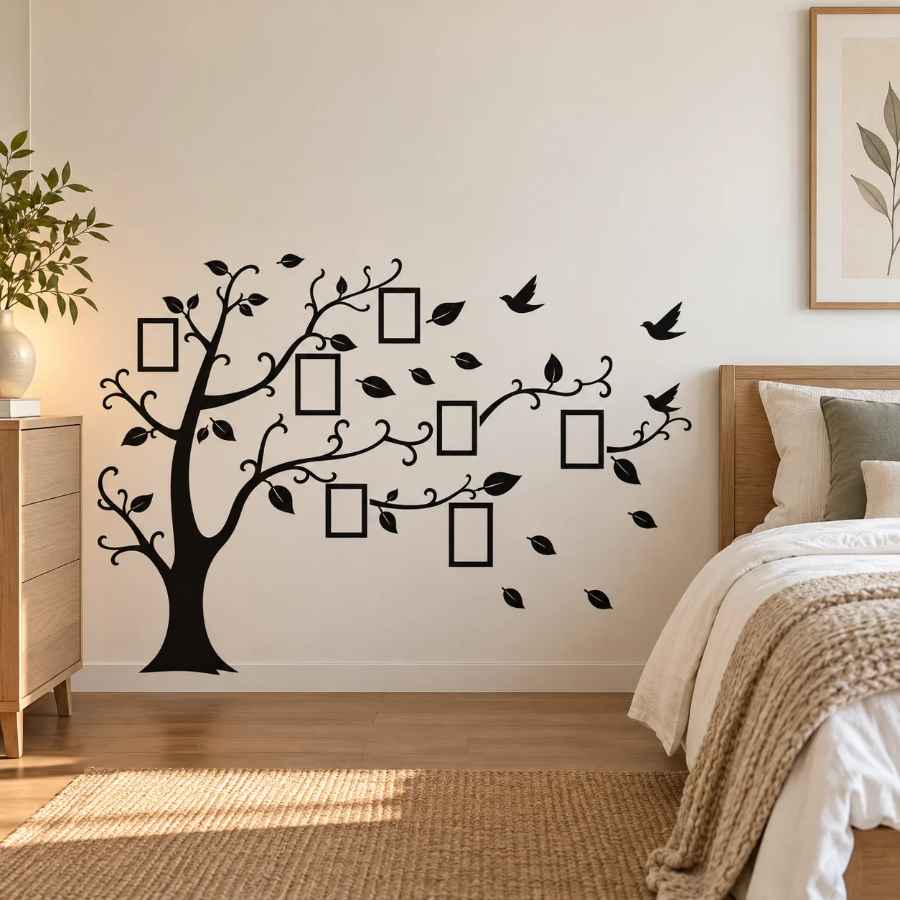 Sticker arbre à photos noir sur le mur d'une chambre lumineuse avec mobilier en bois clair