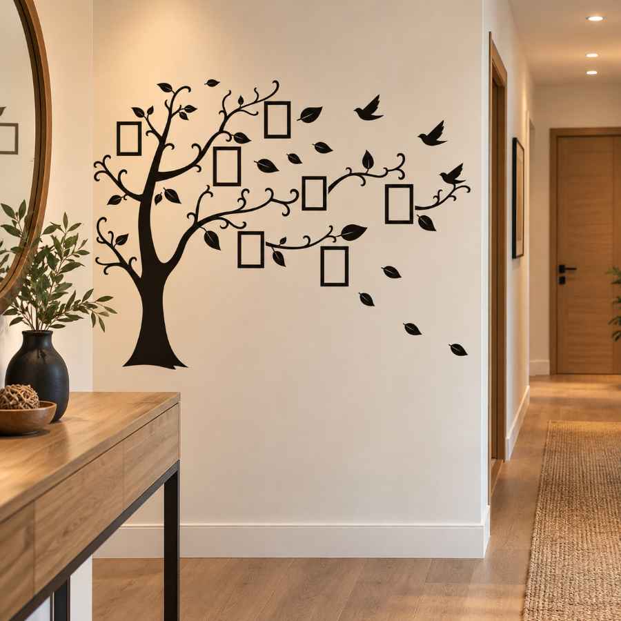Sticker arbre à photos noir installé sur le mur d'une entrée avec console en bois et décoration naturelle