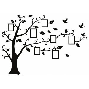 Sticker Arbre à Photos noir avec branches, feuilles, oiseaux et cadres photo décoratifs