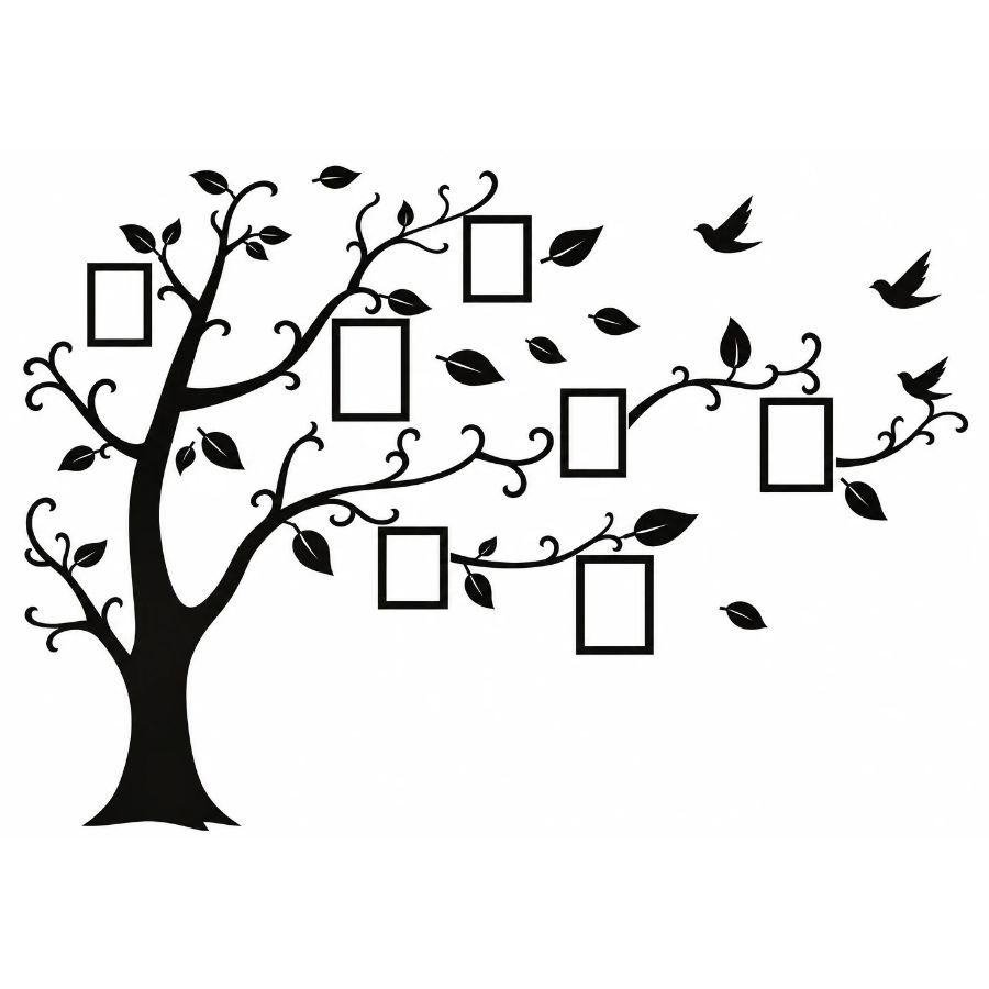 Sticker Arbre à Photos noir avec branches, feuilles, oiseaux et cadres photo décoratifs