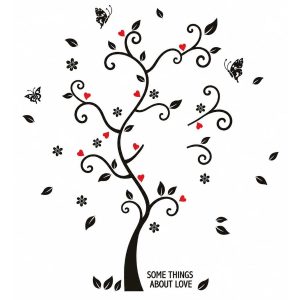 Sticker Arbre à Photos Papillons noir avec petits cœurs rouges, fleurs et feuilles décoratives