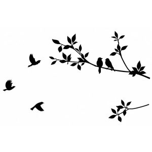 Sticker Arbre aux Oiseaux Feng Shui noir avec branches feuillues et oiseaux en plein vol