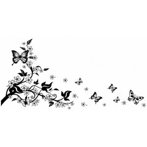 Sticker Arbre aux Papillons Feng Shui noir avec branche fleurie et papillons en plein vol