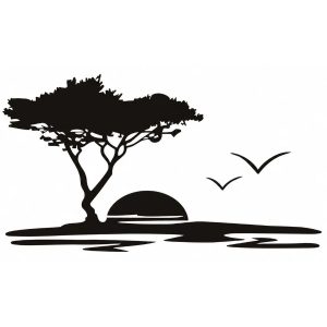Sticker Arbre dans la Savane noir avec soleil couchant, deux oiseaux et reflets sur l'eau