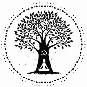 Sticker Arbre de Vie Aum noir avec symbole Om et personnage en méditation