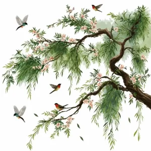 Sticker arbre oiseaux Feng Shui avec branches fleuries, feuillage vert et oiseaux colorés en plein vol