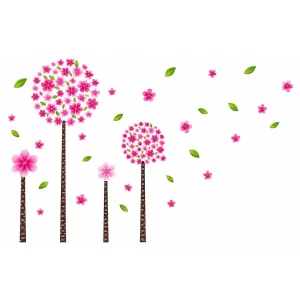 Sticker Arbres en Fleurs Feng Shui avec quatre arbres aux fleurs roses et feuilles vertes