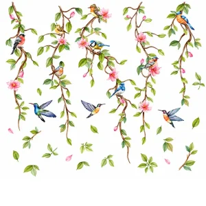 Sticker Arbres Fleuris Oiseaux avec branches retombantes, fleurs roses et oiseaux multicolores