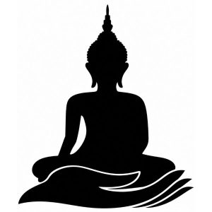 Sticker Bouddha noir en méditation posé dans une main de Bouddha