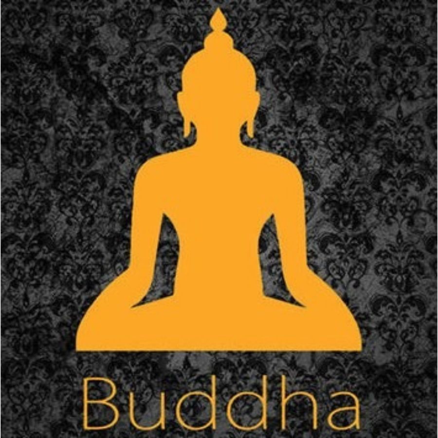 Sticker Bouddha de la Prière jaune présenté sur fond noir