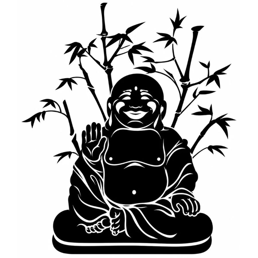 Sticker Bouddha riant noir entouré de bambous Feng Shui
