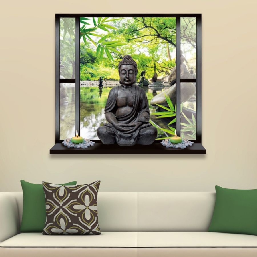 Sticker Bouddha Zen aux Bambous installé au-dessus d’un canapé