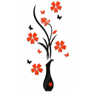 Sticker Bouquet de Fleurs 3D Rigide rouge et noir avec vase, fleurs rouges et papillons décoratifs